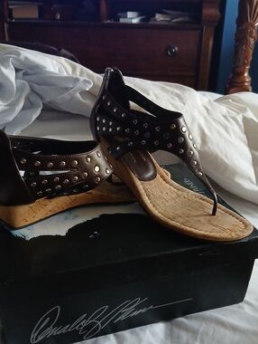 Donald J. Pliner Brown Studded Cork-Style Thong Sandals